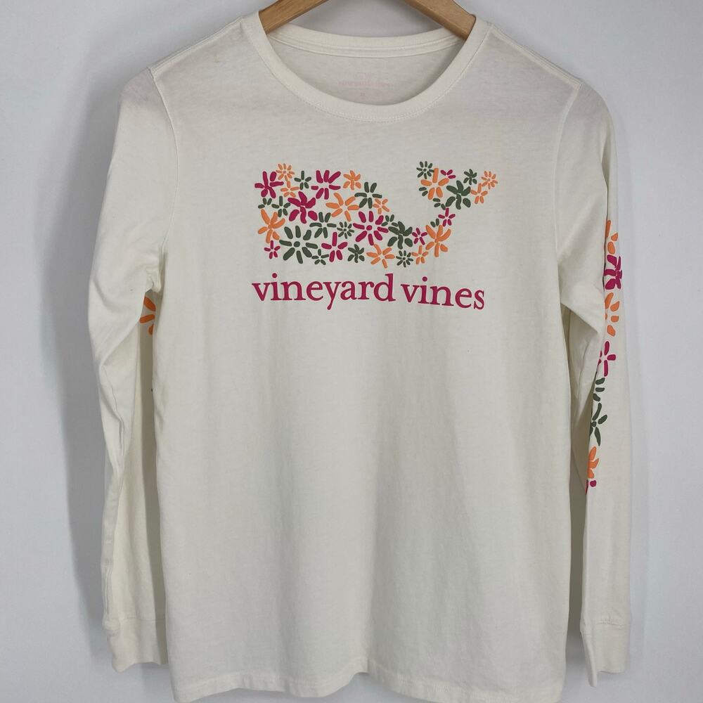 Vineyard Vines Top Girl’s XL Cream Floral Logo Whale Fisherman Nautical Preppy